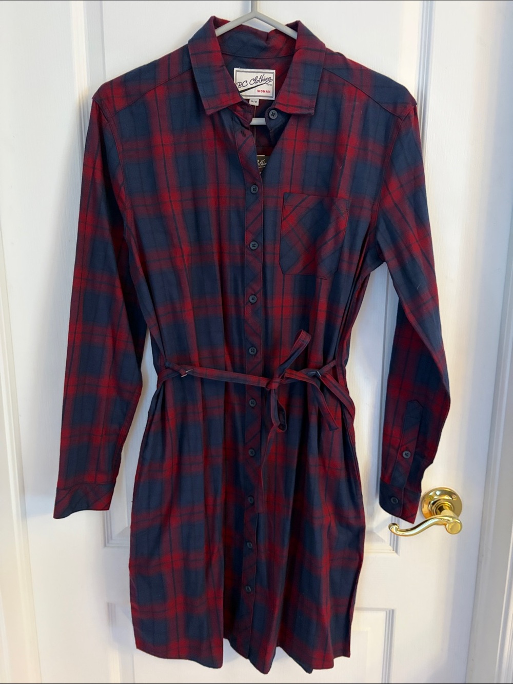 BC Clothing Navy & Red Plaid Long-Sleeve Shirt Dress with Tie Waist